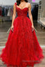 One Shoulder Red Lace Prom Dress, One Shoulder Red Lace Formal Evening Dress