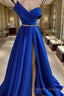 One Shoulder Royal Blue Floor Length Prom Dress With High Slit, High Slit Royal Blue Long Formal Evening Dress