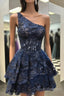 One Shoulder Short Navy Blue Lace Prom Dress, One Shoulder Short Navy Blue Formal Homecoming Dress