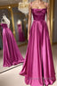 Open Back Fuchsia Satin Ruched Long Prom Dress, Long Fuchsia Formal Graduation Evening Dress