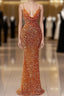 Orange Sequins Sheath Spaghetti Straps Long Prom Dress
