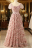 Pink A-Line Tulle Pleated Floral Long Prom Dress Adult Ceremony Graduation Prom Dress
