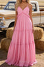 Pink A-line V Neck Sleeveless Floor-Length Chiffon Prom Dress Long Prom Dresses Backless with Pleated Ruffles
