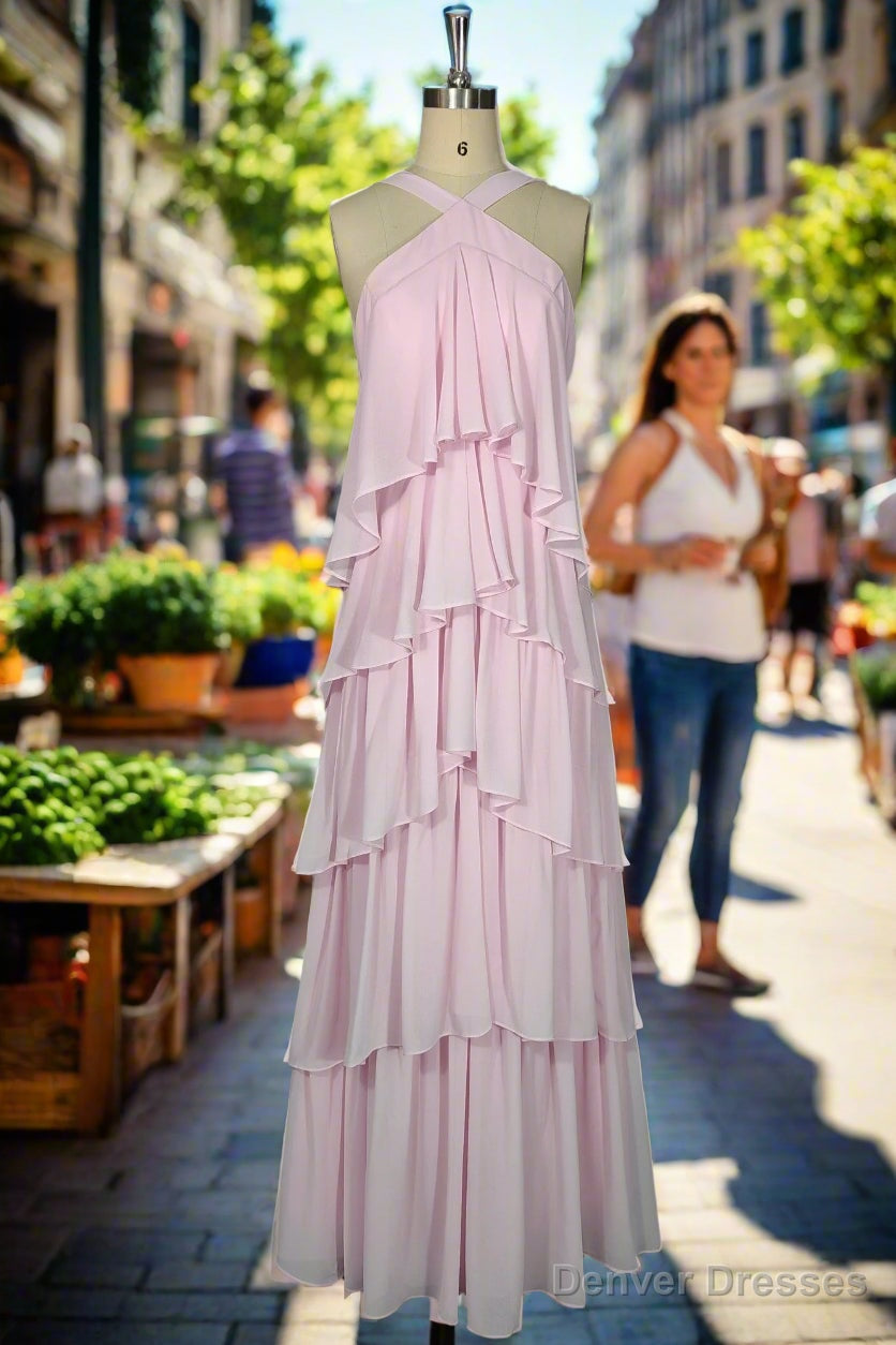 Pink Bridesmaid Dresses A Line Straps Tiered Chiffon Floor Length Long – Denver Dresses