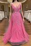 Pink Corset Prom Dress Elegnat A Line Deep V Neck Party Evening Dress with Appliques