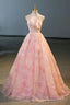 Pink Flower Long Princess Dress, Pink Strapless Formal Evening Dress