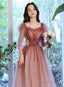 Pink Gradient Tulle A-Line Puffy Sleeves Party Dress, Pink Long Prom Dress