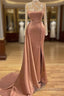 Pink High Neck Long Sleeves Sheer Beading Prom Formal Dress