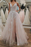 Pink Lace Appliques A Line Open Back Tulle Long Prom Dress, Pink Lace Formal Graduation Evening Dress