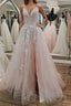 Pink Lace Appliques A Line Open Back Tulle Long Prom Dress, Pink Lace Formal Graduation Evening Dress