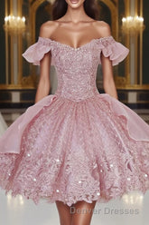 Pink Lace Homecoming Gown with Beading,Princess Off the Shoulder Hoco Dress