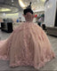 Pink Lace Long Prom Dresses, Ball Gown Sweet 16 Dresses
