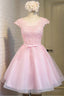 Pink Lace Short Tulle Homecoming Dresses Party Dresses With Cap Sleeves