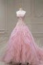 Pink Mermaid Strapless Tulle Sequined Long Prom Dress, Sweet Embroidered Applique Wedding Dress