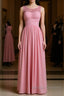 Pink round neck tulle lace long prom Dress, pink lace bridesmaid Dress