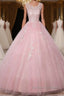 Pink round neck tulle lace long prom Dress pink tulle formal Dress