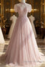 Pink Round Neck Tulle Sequin Long Prom Dress Formal Dress Short Sleeves December Wedding Guest Dress