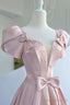 Pink Satin Long Prom Dress, A-Line Evening Dress with Bow