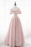 Pink Satin Long Prom Dress, Cute Off Shoulder Evening Dress