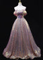 Pink Sequins Off Shoulder A-Line Long Prom Dress, Sequins Evening Dress