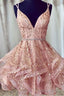 Pink Short Homecoming Dresses Sequined Party Dress V-Neck Evening Dress
