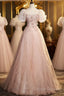 Pink Short Sleeves Tulle Sequins Long Party Dress, Pink Tulle Prom Dress