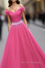 Pink Sweetheart Beaded Tulle Off Shoulder Long Prom Dress, Pink Formal Dress