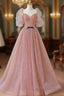 Pink Tulle Beautiful Puffy Sleeves Long Prom Dress, Pink A-Line Evening Dress