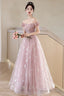 Pink Tulle Floor Length Prom Dress With Butterfly Sequins, Beautiful Off The Shoulder Evening Dress