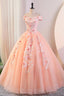 Pink Tulle Lace and Flowers Ball Gown Formal Dresses, Pink Long Sweet 16 Dresses