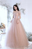 Pink Tulle Long A-Line Prom Dress, Pink Off The Shoulder Evening Party Dress