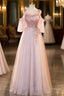 Pink Tulle Off Shoulder Beaded A-Line Prom Dress, Pink Tulle Long Party Dress