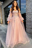 Pink Tulle Strapless Puff Sleeve A-Line Prom Dress
