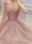 Pink Tulle Sweetheart Tulle With Pearls A-Line Prom Dress, Pink Long Evening Dress