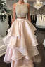 Pink Two Pieces Beaded Long Prom Dress, Pink Evening Dress