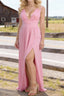 Pink V Neck Chiffon Floor Length Bridesmaid Dresses Long Bridesmaid Dress With Pleated Split