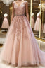 Pink V Neck Long Lace Prom Dress, Pink V Neck Long Lace Formal Evening Dress