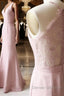 Pink v neck satin lace long prom Dress, lace bridesmaid Dress