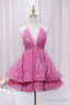 Pink V-Neck Sequins Short Prom Dress, Pink A-Line Backless Party Dress