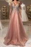 Pink v neck tulle beads long prom Dress pink evening Dress