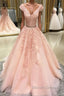 Pink v neck tulle lace applique long prom Dress, pink tulle evening Dress
