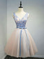 Pink V Neck Tulle Lace Appliques Short Prom Dress