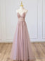 Pink V-neckline Beaded Straps Floor Length Party Dress, Pink Long Formal Dress