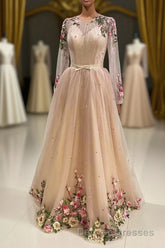 A Line Tulle Long Prom Dress with Flowers, Pink Long Sleeves Party Dress with Beading