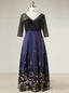 Plus Size Blue V-neck Print Satin Lace Short Sleeve Prom Dress