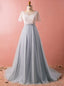 Plus Size Gray Tulle Lace Two Piece Short Sleeve Prom Dress
