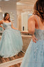 Plus Size Tulle Light Blue Spaghetti Straps Long Prom Dress with Appliques