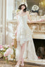 Pretty A Line High Low Ruffles Long Evening Dress Lace White Prom Dresses