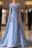 Pretty A Line Off The Shoulder Floor-Length Blue Sequin Short Sleeves Evening Dress Prom Dress