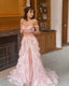 Pretty A-Line Off The Shoulder Pink Lace Slit Long Prom Dress Formal Evening Dress